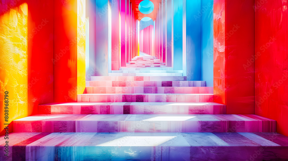 Escalier dans architecture contemporaine lumineuse et colorée