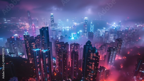 The night view of the city  highrise buildings with lights on in red and blue tones  shrouded in fog. The entire skyline is covered in neon light from various tall buildings full of mystery and future