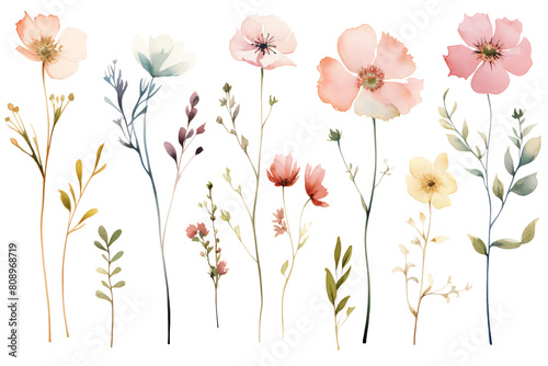 The image shows a variety of flowers in a watercolor style