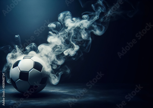 Qualmender Fußball auf blauem Hintergrund, copy space photo