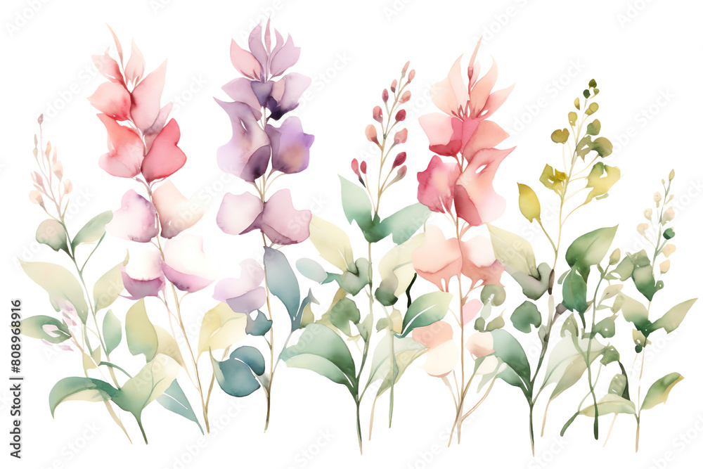 The image shows a watercolor painting of pink, violet and yellow snapdragon flowers.