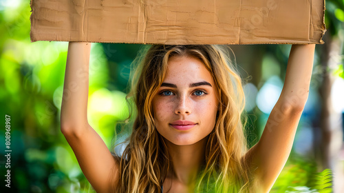 Femme tenant un panneau en carton au dessus de sa tête photo