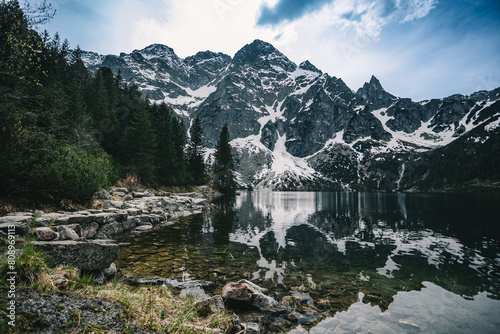 A mountain lake surrounded by trees and rocks 