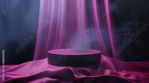 Round pedestal under pink satin. A stand hidden by a silk blanket with a thin layer of smoke. photo