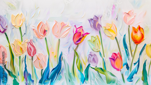 Colorful spring tulips on white background. Watercolor painting.