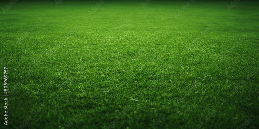 Trimmed Green Grass Field with Textures and Soft Lighting. Front View Carpet for Soccer or Golf Game. Green Lawn Background. Generative AI