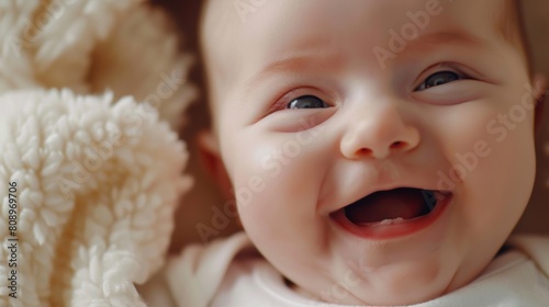 The baby's blue eyes are flexible, the mouth is open, laughing