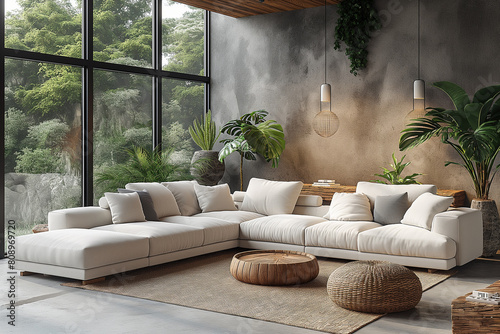 Modern interior of living room with huge white sofa and big wondows with forest view.