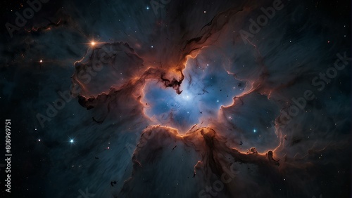 Abstract background of space nebula with stars and galaxies. Concept of space with blue, black, pink and orange colors. AI Generated