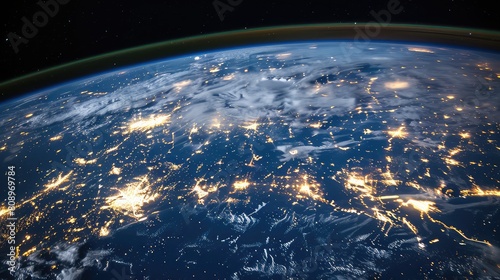 View of the Earth from space. Night lights of big cities. Urban constellations shining brightly amidst the cosmic expanse.