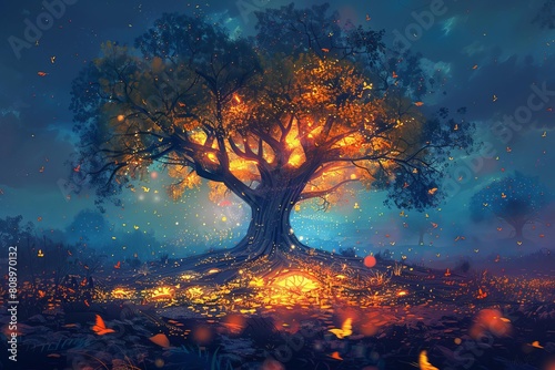 night landscape painting with glowing tree surreal digital illustration of enchanted forest scene fantasy art