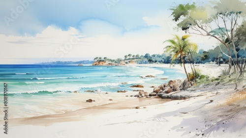 Palm trees on a beach with white sand and blue water