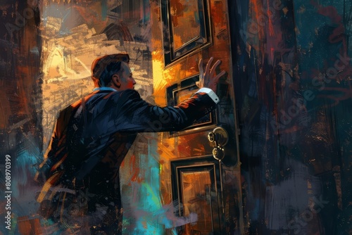 persistent businessman trying to open locked door striving to achieve goal despite restrictions digital painting photo