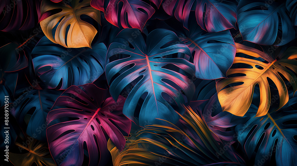 A colorful image of leaves with a blue and yellow leaf in the middle A colorful image of leaves with a blue and yellow leaf in the middle