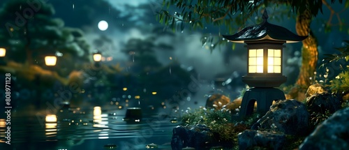 Japanese garden under the moonlight at night Decorated with lanterns and many kinds of trees and ponds photo