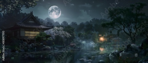 Japanese garden under the moonlight at night Decorated with lanterns and many kinds of trees and ponds © seksun