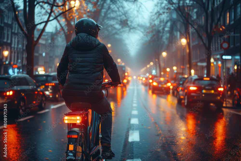 Night view of a city showing urban residents commuting via bicycles and electric scooters, with illuminated streets.. AI generated. Night view of a city showing urban residents commuting via bicycles and electric scooters, with illuminated streets.. AI generated.