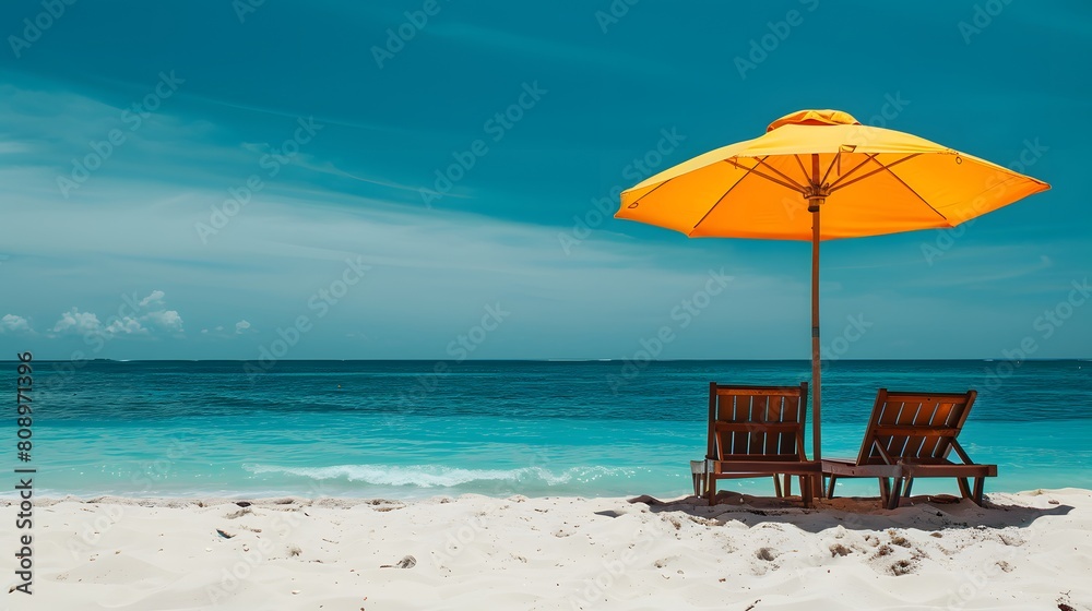 Two beach chairs and a umbrella on the white sand on a sunny day, with a blue sea in the background. A summer vacation concept banner with copy space for text