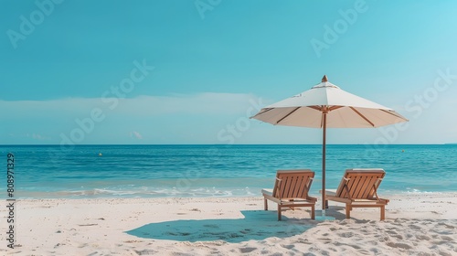 Two beach chairs and a umbrella on the white sand on a sunny day  with a blue sea in the background. A summer vacation concept banner with copy space for text