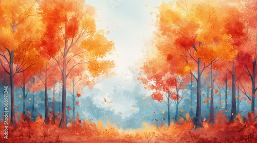 A painting of a forest with trees in autumn colors © CtrlN
