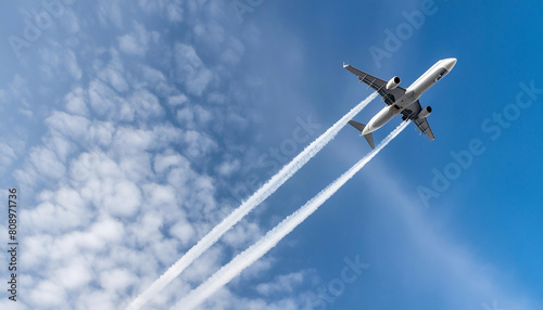 airplane in the clouds. airplane flying in the skies, with smoke trail. air pollution, greenhouse effect.
blue sky