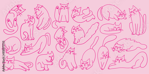 Cute doodle cats set. Collection of fluffy hand drawn kittens playing, sleeping, hiding. Playful funny cat characters for graphic prints.
