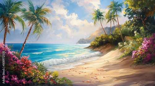 A painting of a beach with palm trees and a body of water