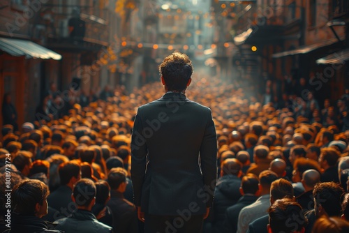 A lone leader captivates the crowd with his exceptional presence.