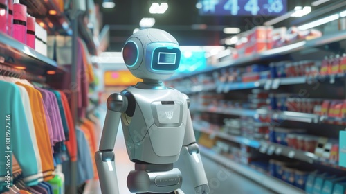 A humanoid robot equipped with a digital screen face navigates through retail store aisles  offering shopping assistance.