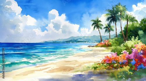 A painting of a beach with palm trees and flowers