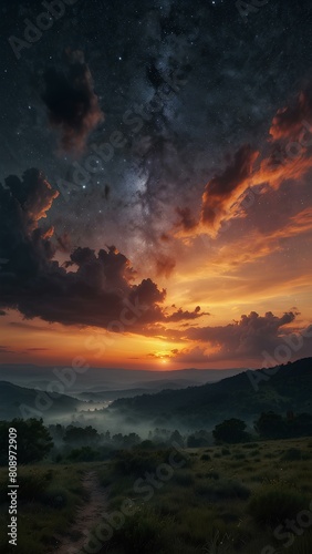 Landscape sunset view of horizon in nature with clear sky and a lake. 9 16 suitable for mobile phone wallpaper. AI Generated