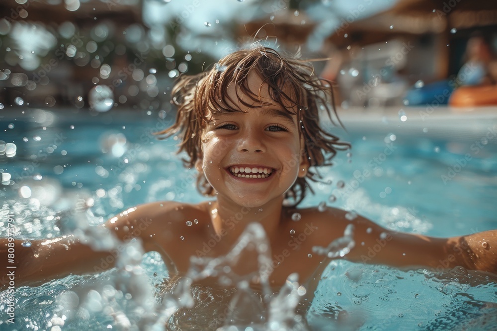 Excited child with wet hair enjoying swimming and splashing in a sunny pool