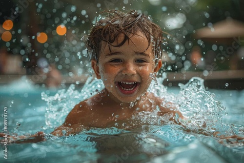 Young boy with a big smile swimming and splashing water in a pool