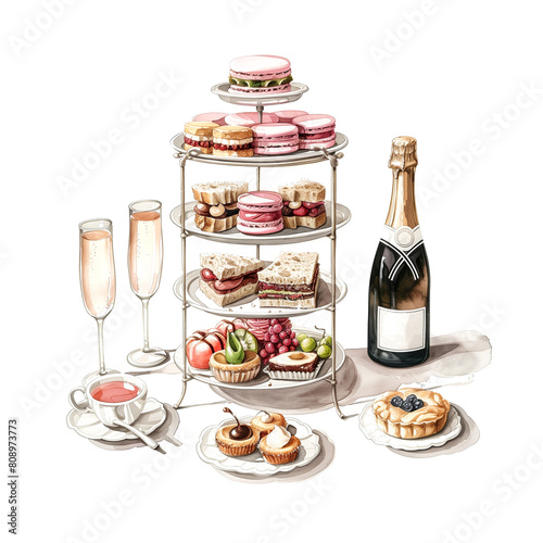 Watercolor illustration of a gorgeous afternoon tea set on white background