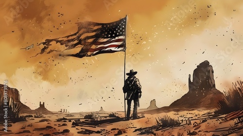 Lone Patriotic Soldier Waving American Flag in Dramatic Desert Landscape