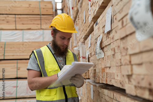 Male warehouse worker working and inspecting barcode of products in wooden warehouse storage. Male construction worker at wooden warehouse