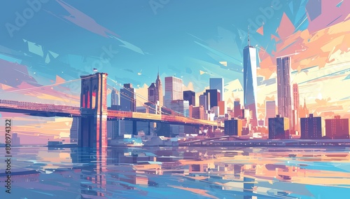 A vector illustration of the New York City skyline with a beautiful sky