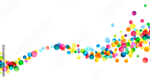 A dynamic array of translucent, multicolored bubbles soars across a white background, creating a lively and vibrant abstract scene.