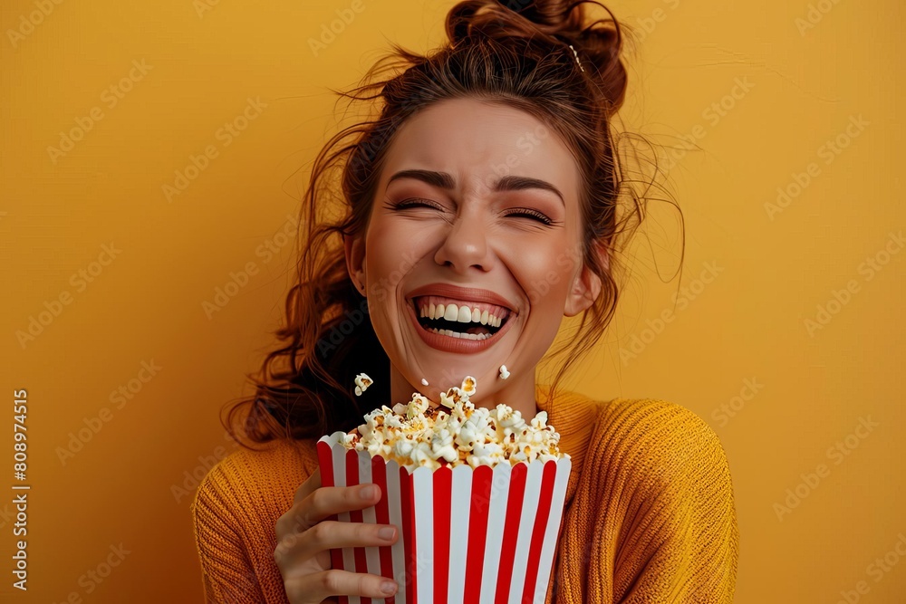 Laughing woman eating popcorn. Laughing woman eating popcorn.
