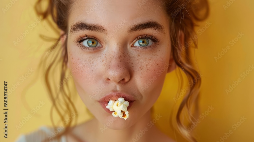Extreme closeup isolating a womans impressed expression against a striking yellow background a single kernel of popcorn balanced precariously on her parted lips Extreme closeup isolating a womans impressed expression against a striking yellow background a single kernel of popcorn balanced precariously on her parted lips