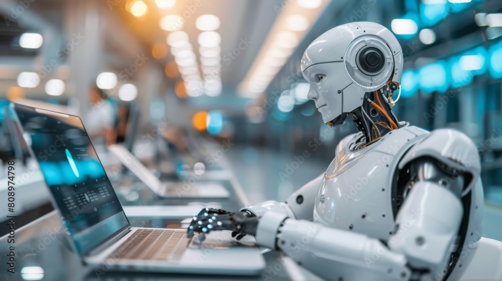 A humanoid robot with advanced design is interacting with a laptop in a modern, technology-driven environment. A humanoid robot with advanced design is interacting with a laptop in a modern, technology-driven environment.