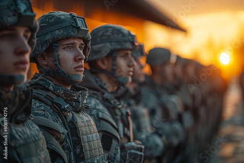 A line of uniformed soldiers standing at attention during sunset  embodying discipline and camaraderie