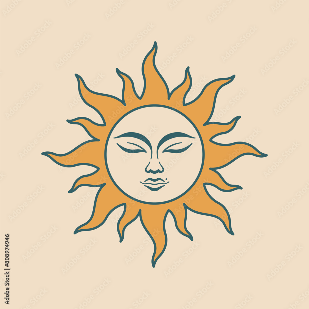 Retro orange sun with dark outline and calm face on beige background. Vector logo or icon. Retro orange sun with dark outline and calm face on beige background. Vector logo or icon.