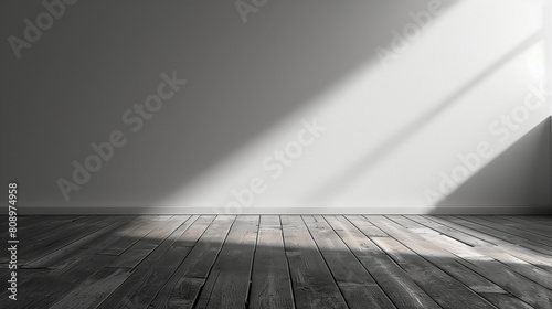 Empty room with wooden floor and sunlight casting shadows. Minimal natural background for product presentation. Empty copy space. Generative AI