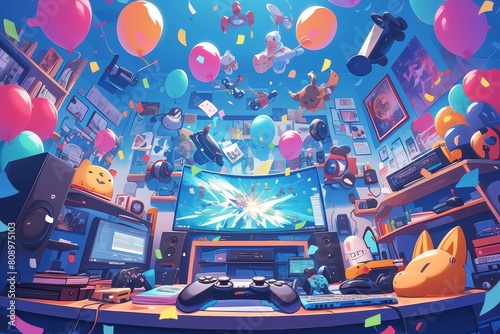 A vibrant digital illustration depicts an explosion inside a gaming room  filled with various game controllers and console controllers scattered around 