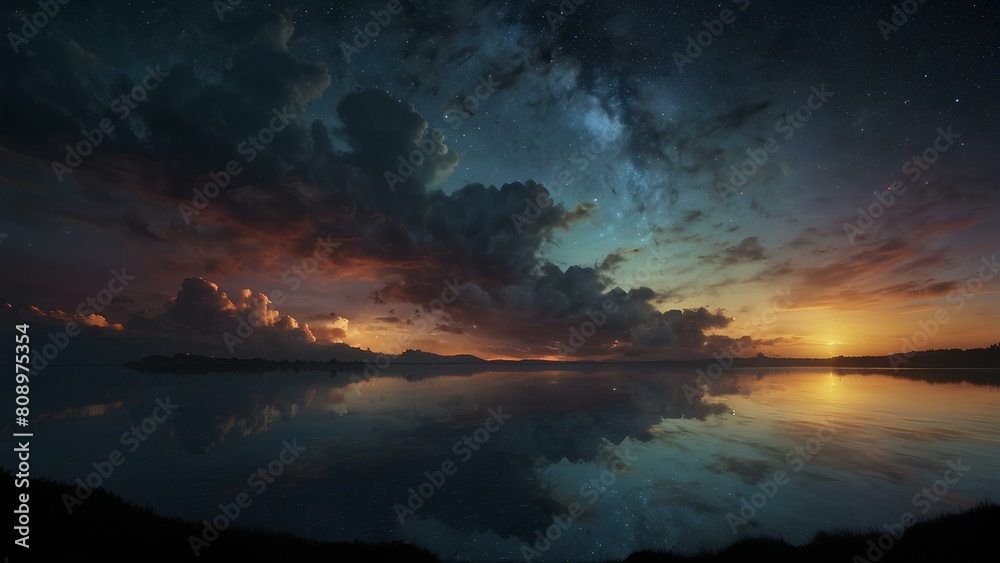 Landscape sunset view of horizon in nature with clear sky and a lake. AI Generated