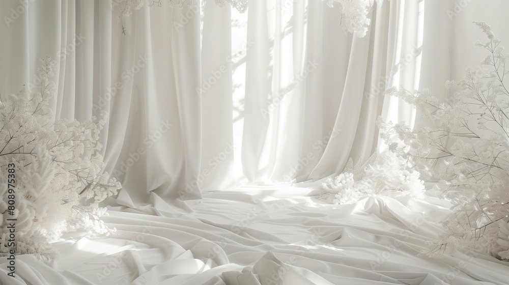 Elegant white blossom branches in front of flowing white curtains. Minimal natural background for product presentation. Empty copy space. Generative AI Elegant white blossom branches in front of flowing white curtains. Minimal natural background for product presentation. Empty copy space. Generative AI
