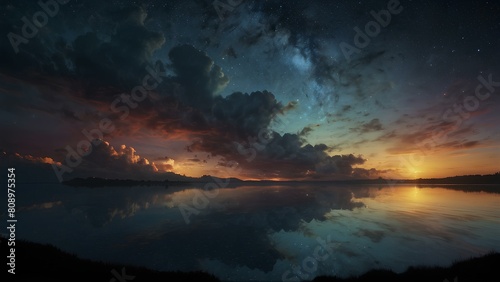 Landscape sunset view of horizon in nature with clear sky and a lake. AI Generated