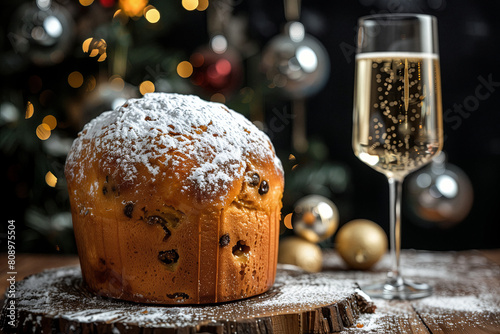 Holiday Cheers: Sparkling Wine with Festive Panettone. Elegantly fluted glasses of sparkling wine beside a dusted panettone, evoking the warmth of holiday celebrations.