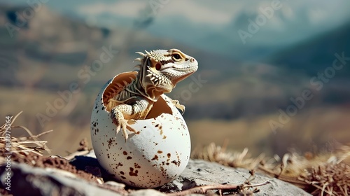 Surreal Portrait of Hatchling Dragon Emerging from Broken Egg in Mountainous Landscape Generative ai © Mina Nida